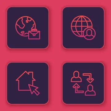 Set line Online working, , Freelancer and Project team base. Blue square button Stock Illustration
