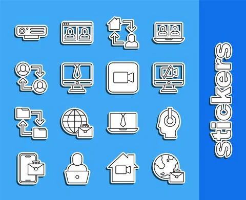 Set line Online working, Freelancer, Video camera Off on computer, chat Stock Illustration