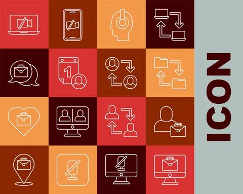 Set line Online working, Freelancer, Cloud storage document folder, Time Stock Illustration
