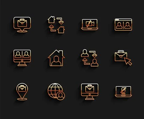 Set line Online working, Freelancer, Mute microphone on laptop, and Project team Stock Illustration