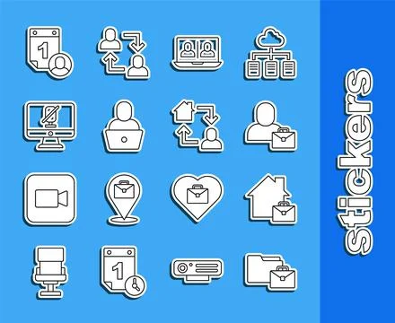 Set line Online working, Freelancer, Video chat conference, Mute microphone c Stock Illustration