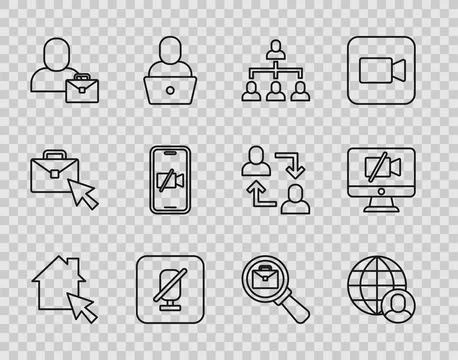 Set line Online working, Freelancer, Hierarchy organogram chart, Mute microphone Stock Illustration