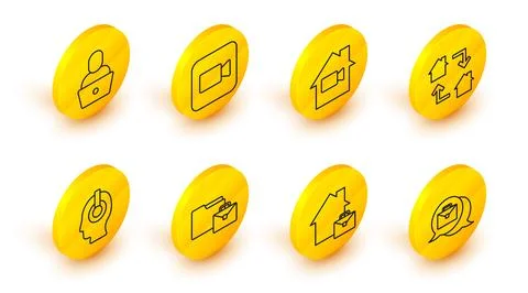 Set line Online working, Freelancer, Video camera Off home, Camera and  ico.. Stock Illustration