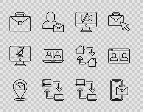 Set line Online working, Freelancer, Video camera Off on computer, Briefcas.. Illustrazione stock