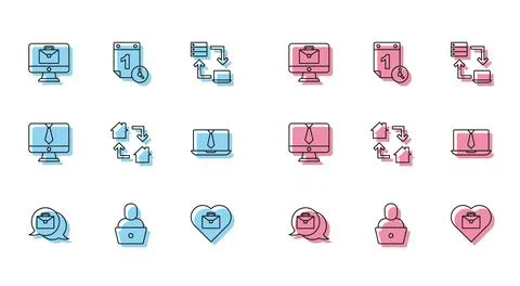 Set line Online working, Freelancer, Heart with text, Video chat conference.. Stock Illustration