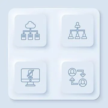 Set line Online working, Hierarchy organogram chart, Mute microphone on com.. Stock Illustration