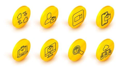 Set line Online working, Magnifying glass with briefcase, Freelancer, Camer.. Stock-Illustration