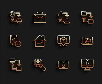 Set line Online working, Magnifying glass with briefcase, Project team base.. Illustrazione stock