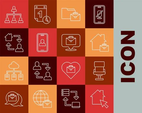 Set line Online working, Office chair, Video chat conference, Hierarchy Stock Illustration