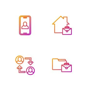 Set line Online working, Project team base, Video chat conference and . Gradient Stock Illustration