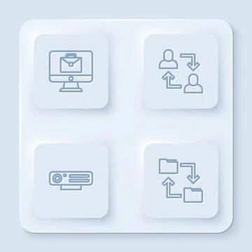 Set line Online working, Project team base, Web camera and Cloud storage Stock Illustration