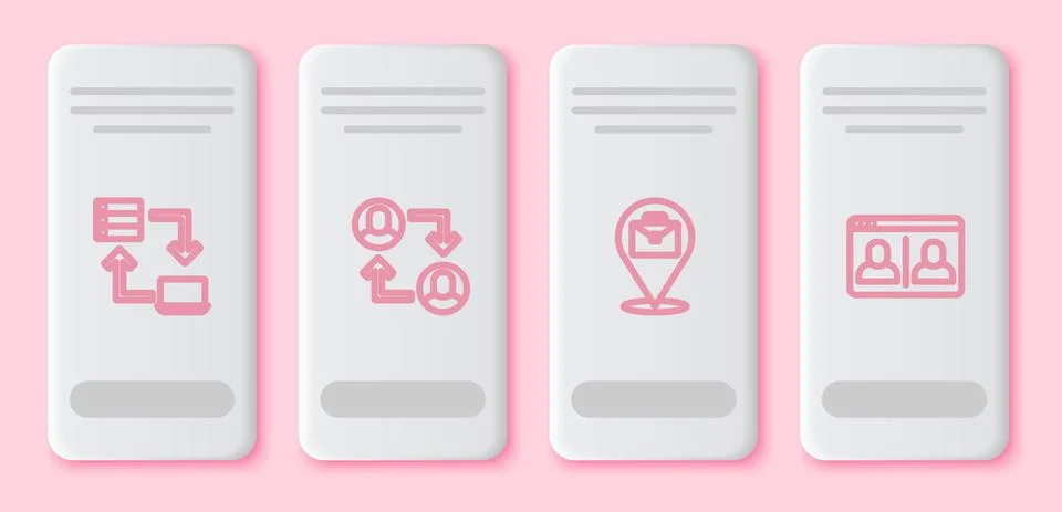 Set line Online working, Project team base, and Video chat conference. White Stock Illustration