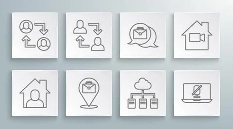 Set line Online working, Project team base, Mute microphone on laptop, Video Stockillustratie