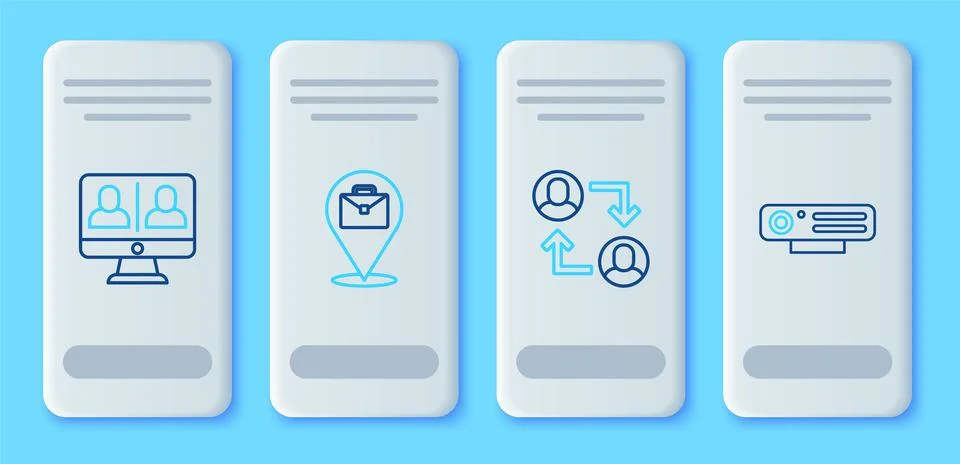 Set line Online working, Project team base, Video chat conference and Web camera Stock Illustration