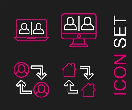 Set line Online working, Project team base, Video chat conference and  icon.. Stock Illustration