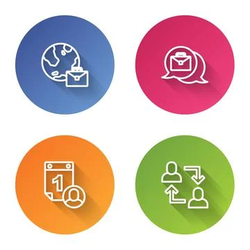 Set line Online working, , Time management and Project team base. Color circle Stock Illustration