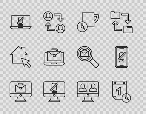 Set line Online working, Time management, Mute microphone on computer, laptop Illustrazione stock