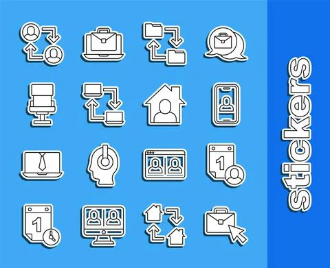 Set line Online working, Time management, Video chat conference, Cloud storage Illustrazione stock