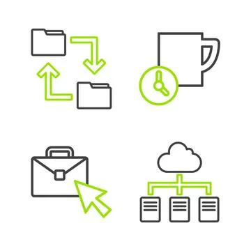 Set line Online working, Time management and Cloud storage document folder ic Stock Illustration