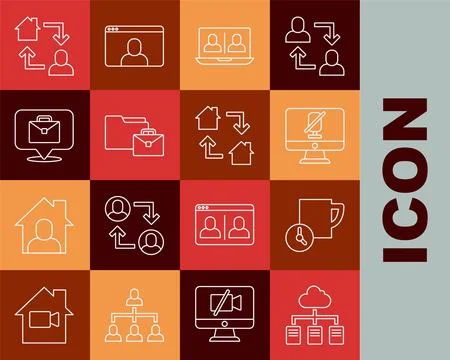 Set line Online working, Time management, Mute microphone on computer, Video Illustrazione stock