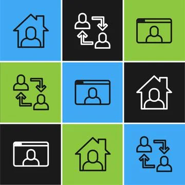 Set line Online working, Video chat conference and Project team base icon Stock Illustration