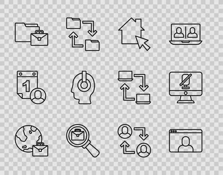 Set line Online working, Video chat conference, Magnifying glass with briefca Stock Illustration