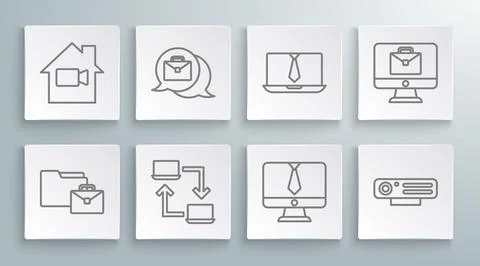 Set line Online working, Video chat conference, Web camera, and Off home icon Stock Illustration