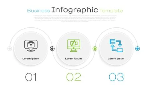 Set line Online working, Video camera Off on computer and . Business infographic 스톡 일러스트