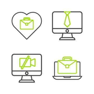 Set line Online working, Video camera Off on computer, chat conference and Heart Stock Illustration