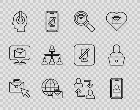 Set line Online working, Video chat conference, Magnifying glass with brief.. Stock Illustration
