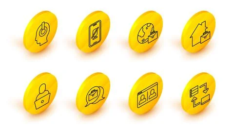 Set line Online working, Video chat conference, Freelancer, Mute microphone.. Stock Illustration