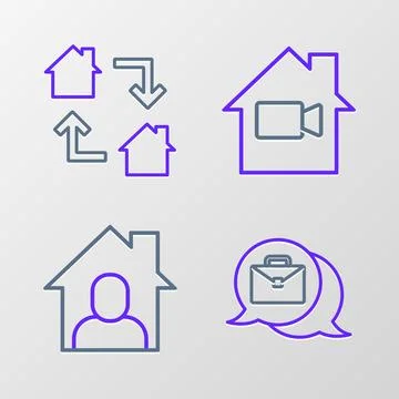 Set line Online working, Video camera Off home and  icon. Vector Stock Illustration