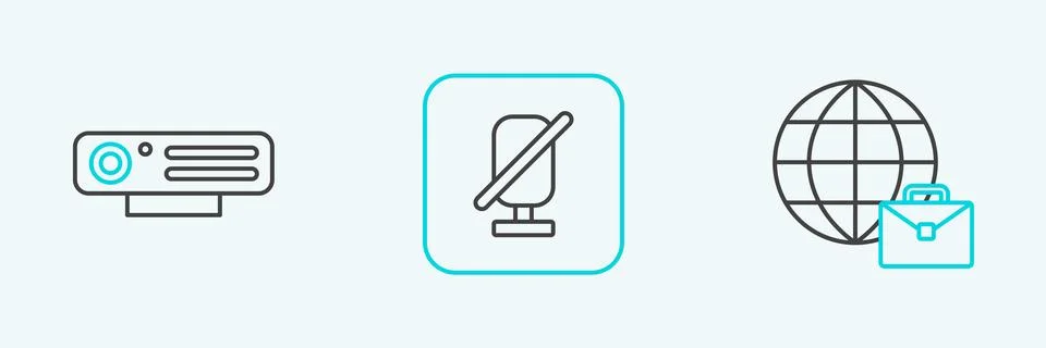 Set line Online working, Web camera and Mute microphone icon. Vector 스톡 일러스트