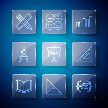 Set line Open book, Angle bisector of a triangle, Square root x glyph, Graph Stock Illustration