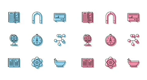 Set line Open book, Atom, Notebook, Mortar and pestle, Compass, Molecule, E.. Stock Illustration