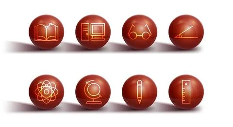 Set line Open book, Atom, Acute angle, Pencil with eraser, Earth globe, Com.. Stock Illustration