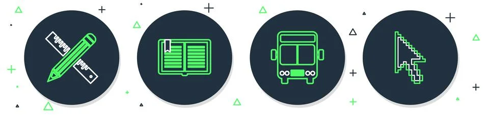 Set line Open book, Bus, Crossed ruler and pencil and Pixel arrow cursor ic.. Stock Illustration