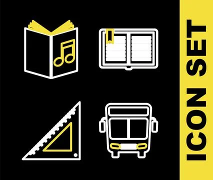 Set line Open book, Bus, Triangular ruler and Audio icon. Vector Stock Illustration