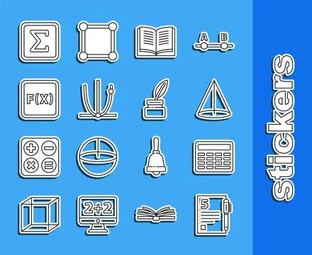 Set line Open book, Chalkboard, Graph, schedule, chart, diagram, Equation Illustrazione stock