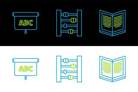 Set line Open book, Chalkboard and Abacus icon. Vector Stock Illustration