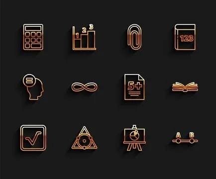 Set line Open book, Chalkboard, Triangle math, XYZ Coordinate system, Test .. Illustrazione stock