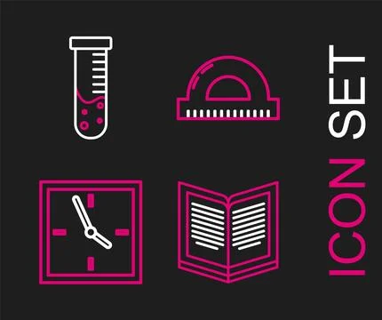 Set line Open book, Clock, Protractor grid for measuring degrees and Test tube 스톡 일러스트