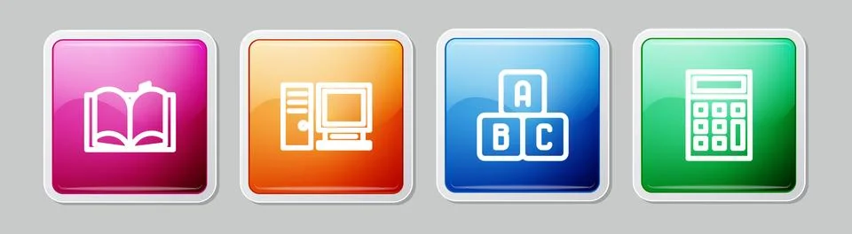 Set line Open book, Computer monitor, ABC blocks and Calculator. Colorful square Stock Illustration
