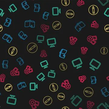 Set line Open book, Computer monitor, Pencil and Medal with star on seamless Illustrazione stock