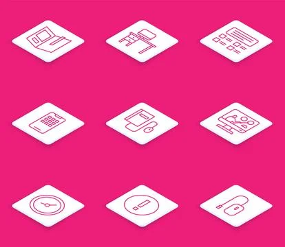 Set line Open book, Computer monitor and desk, Online quiz, test, survey, Mobile Stock Illustration