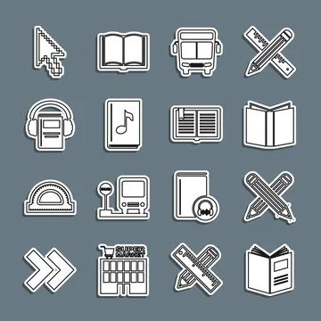 Set line Open book, Crossed pencil, Bus, Audio, Pixel arrow cursor and  icon. 스톡 일러스트