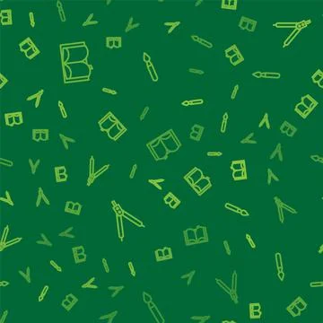 Set line Open book, Drawing compass and Paint brush on seamless pattern. Vector Illustrazione stock