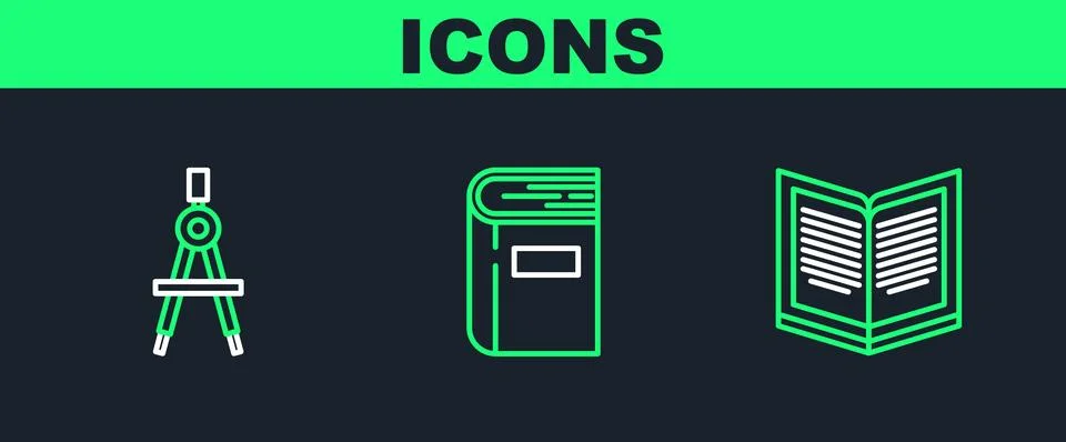 Set line Open book, Drawing compass and Book icon. Vector Stock Illustration