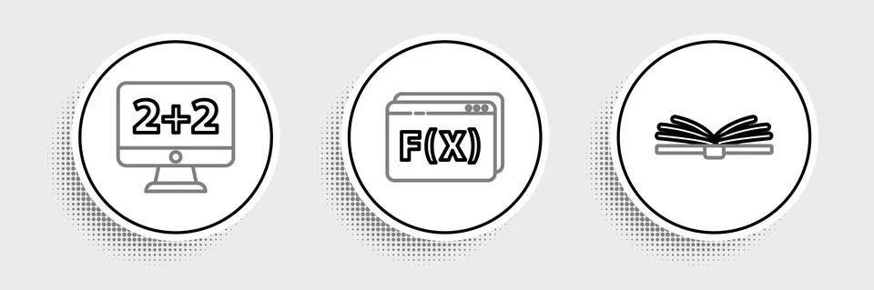 Set line Open book, Equation solution and Function mathematical symbol icon Stock Illustration