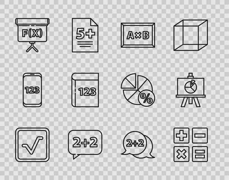 Set line Open book, Feather and inkwell, Calculation, Graph, schedule, chart Stock Illustration